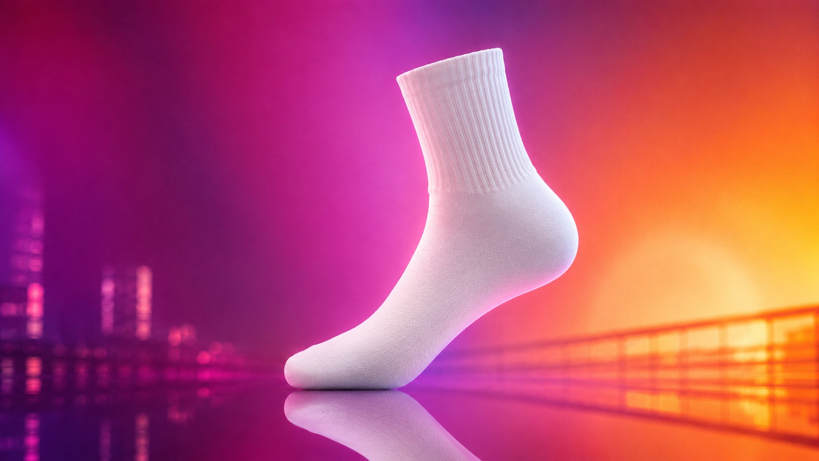 Yansımalı zeminde duran beyaz kısa konç sneaker çorabı; arkada gün batımı tonlarında şehir ışıkları